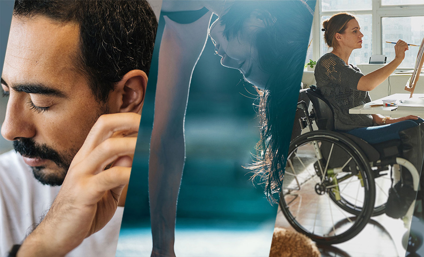 Три съседни изображения, включващи човек със затворени очи, човек, който прави стойка на ръце и човек в инвалидна количка, рисуващ върху платно.