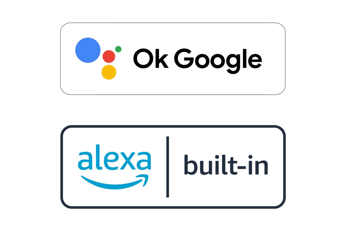 Изображение на логото на Ok Google и логото на alexa built-in