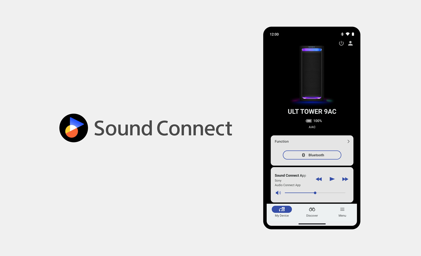 Логото за Sound Connect до изображение на мобилен телефон, на който е отворено приложението Sony Connect и на екрана се вижда как се използва