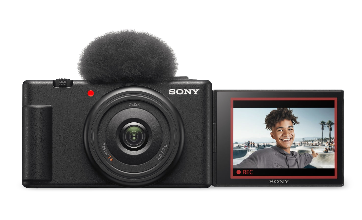 Изображение на ZV-1F с поставен ветробран и отворен екран на дисплея