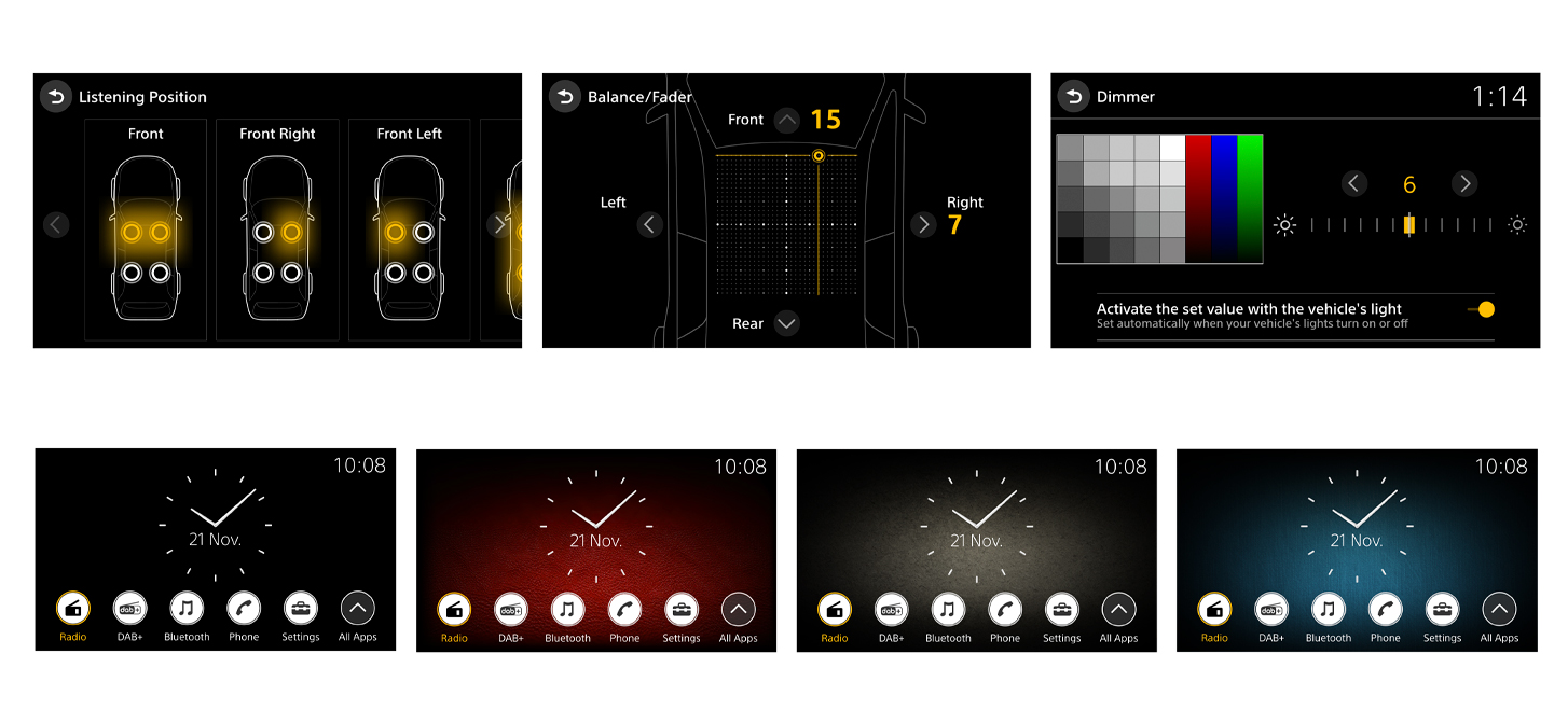 Изображение на множество екранни интерфейси и техните опции за XAV-9550ES
